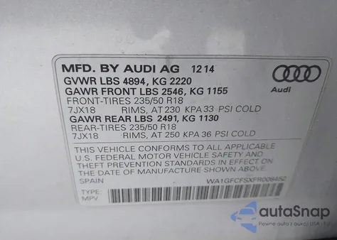 2015 Audi Q3 2.0T Premium Plus z USA, uszkodzony, nr VIN WA1GFCFSXFR008452